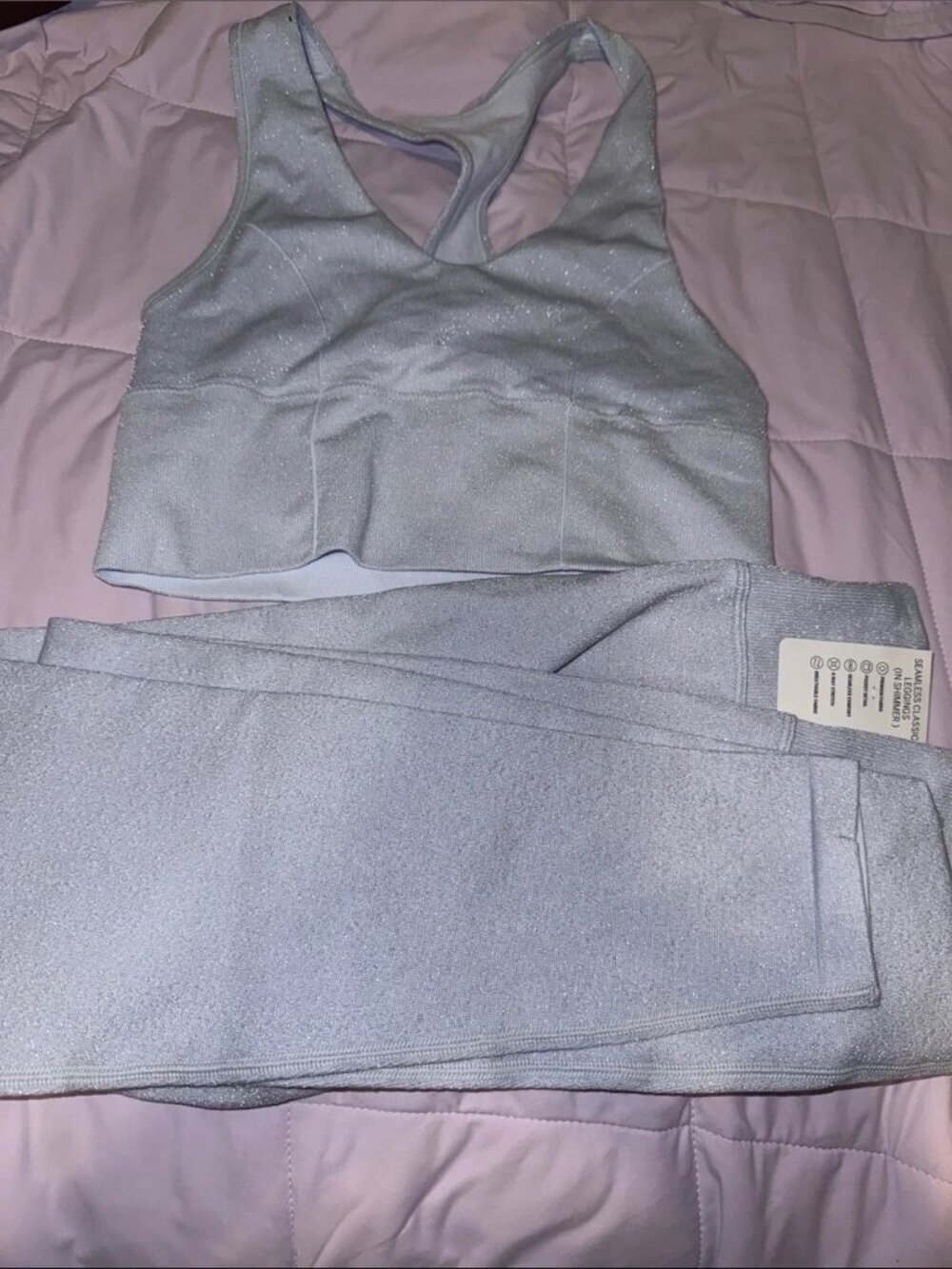 NWT PINK Victoria’s Secret Silver Shimmer Leggings and Sports Bra Set